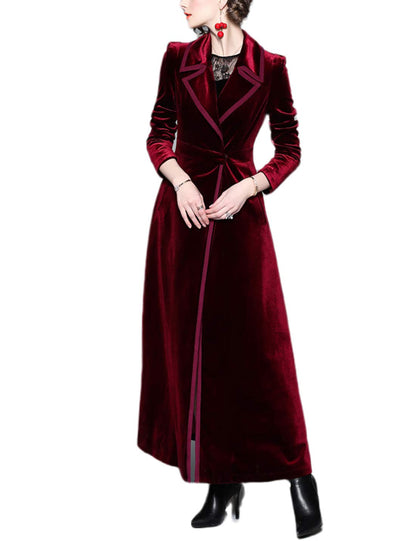 Omoone Slim Notch Lapel Long Vintage Velvet Coat