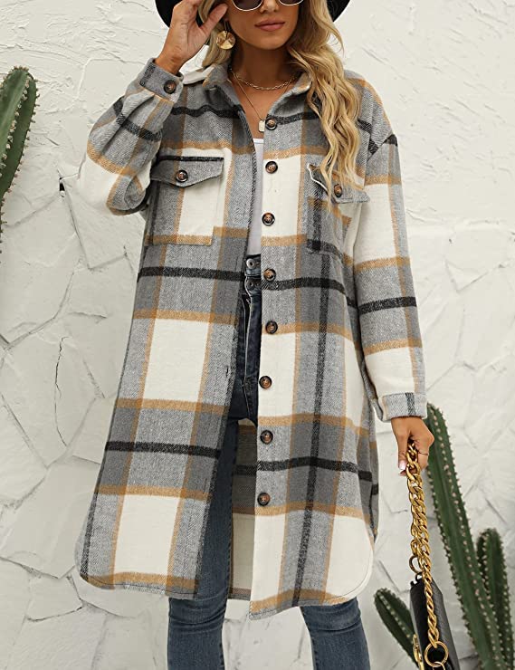 Omoone Lapel Collar Button Up Front Plaid Pattern Shacket