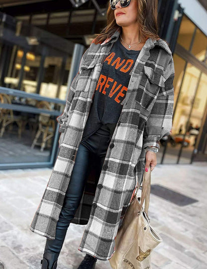 Omoone Lapel Collar Button Up Front Plaid Pattern Shacket