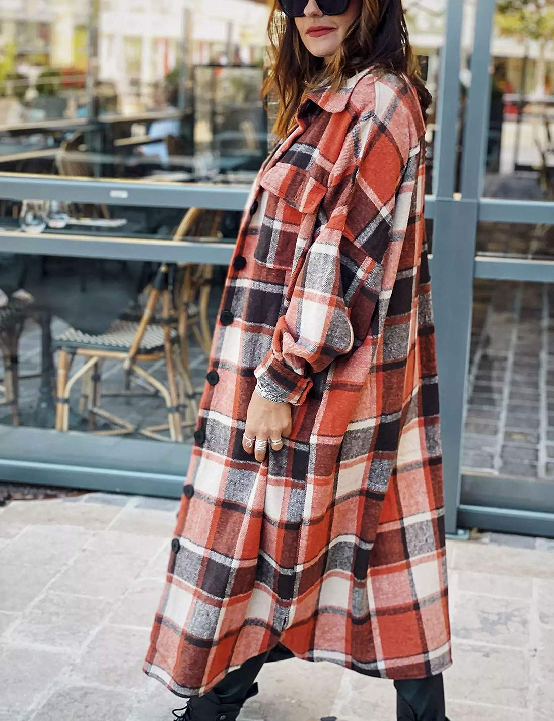 Omoone Lapel Collar Button Up Front Plaid Pattern Shacket