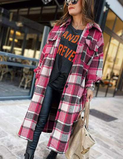 Omoone Lapel Collar Button Up Front Plaid Pattern Shacket