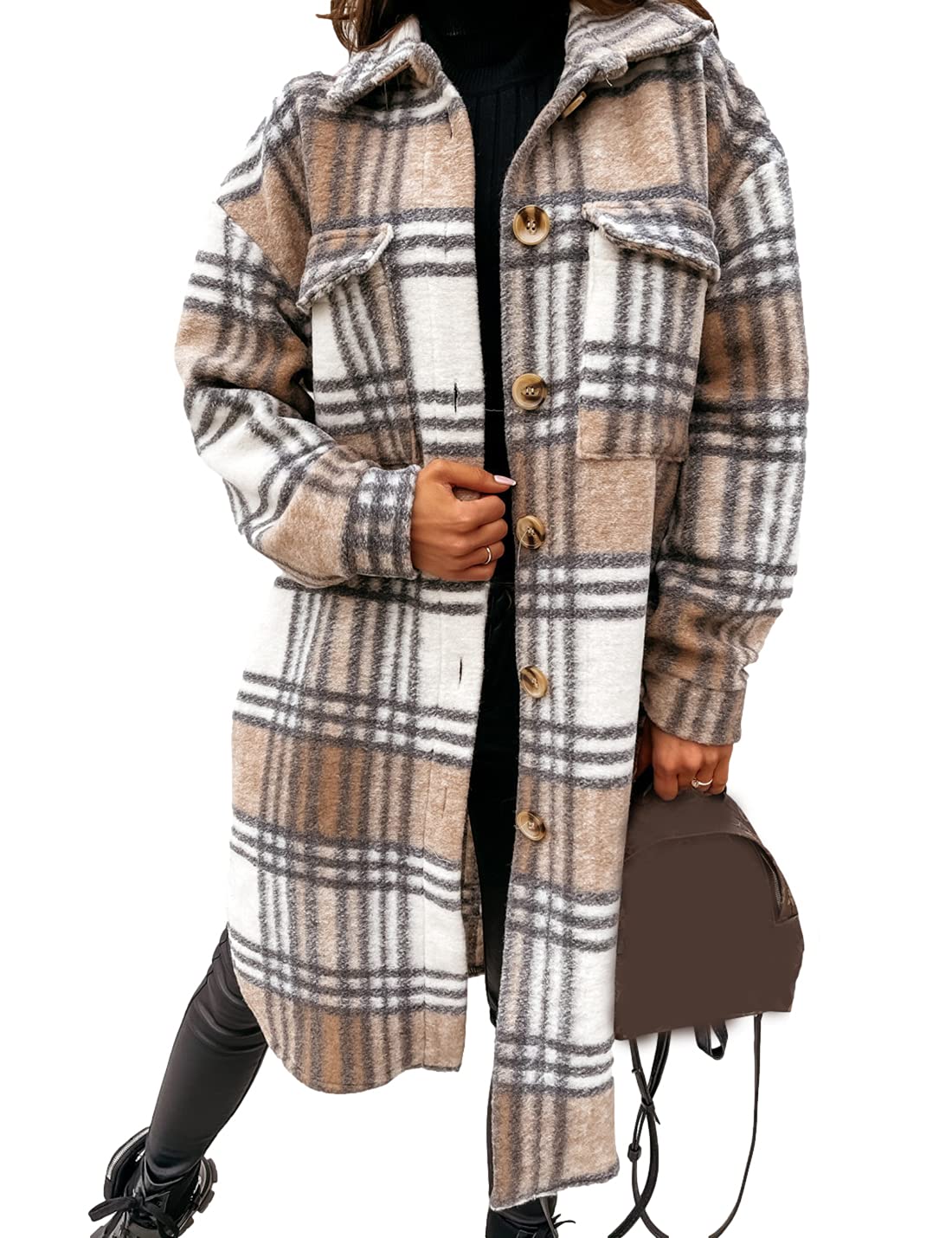 Omoone Plaid Tartan Woolen Teddy Coat