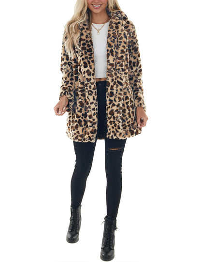 Omoone Leopard Pattern Faux Fur Teddy Coat