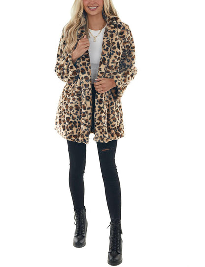 Omoone Leopard Pattern Faux Fur Teddy Coat