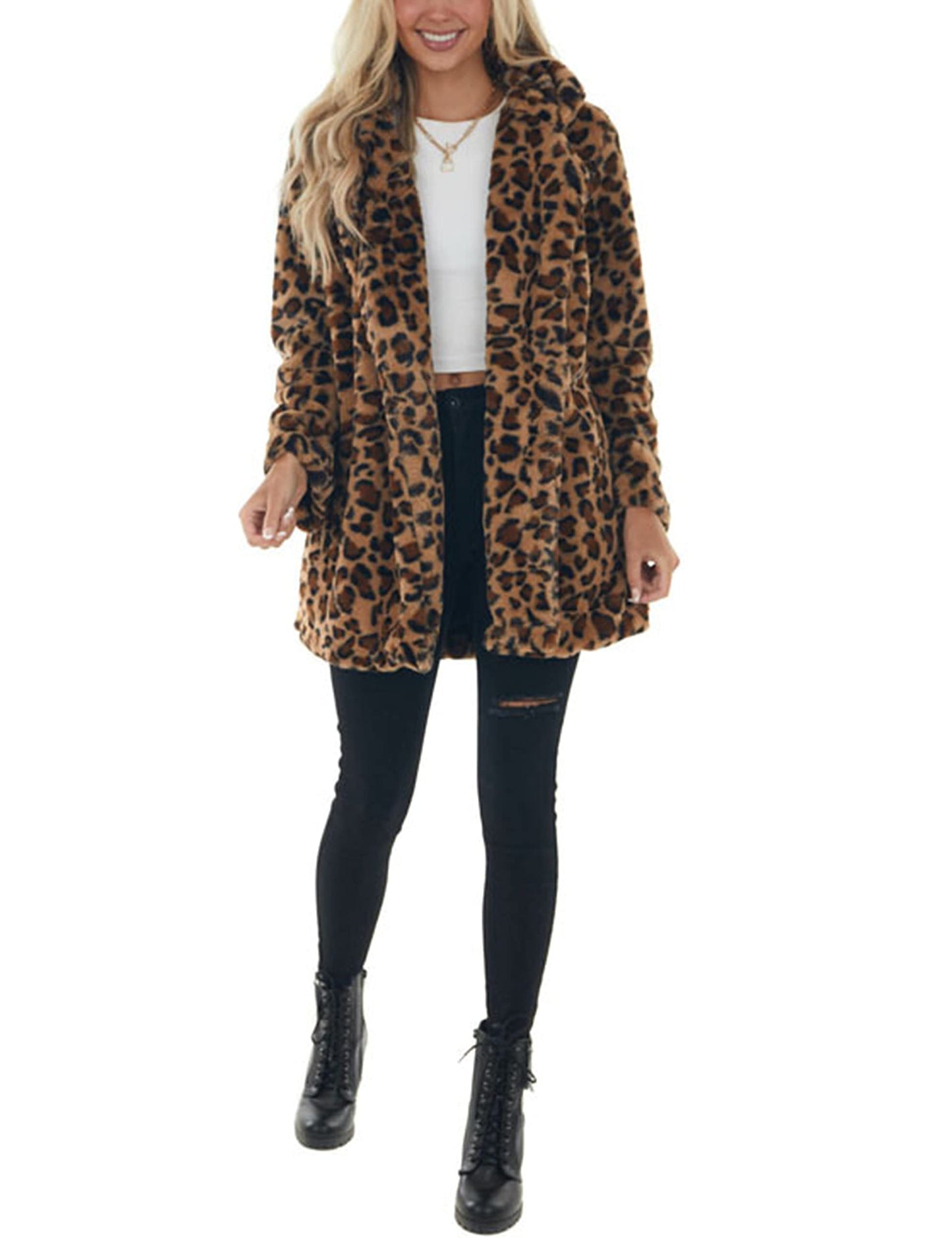 Omoone Leopard Pattern Faux Fur Teddy Coat