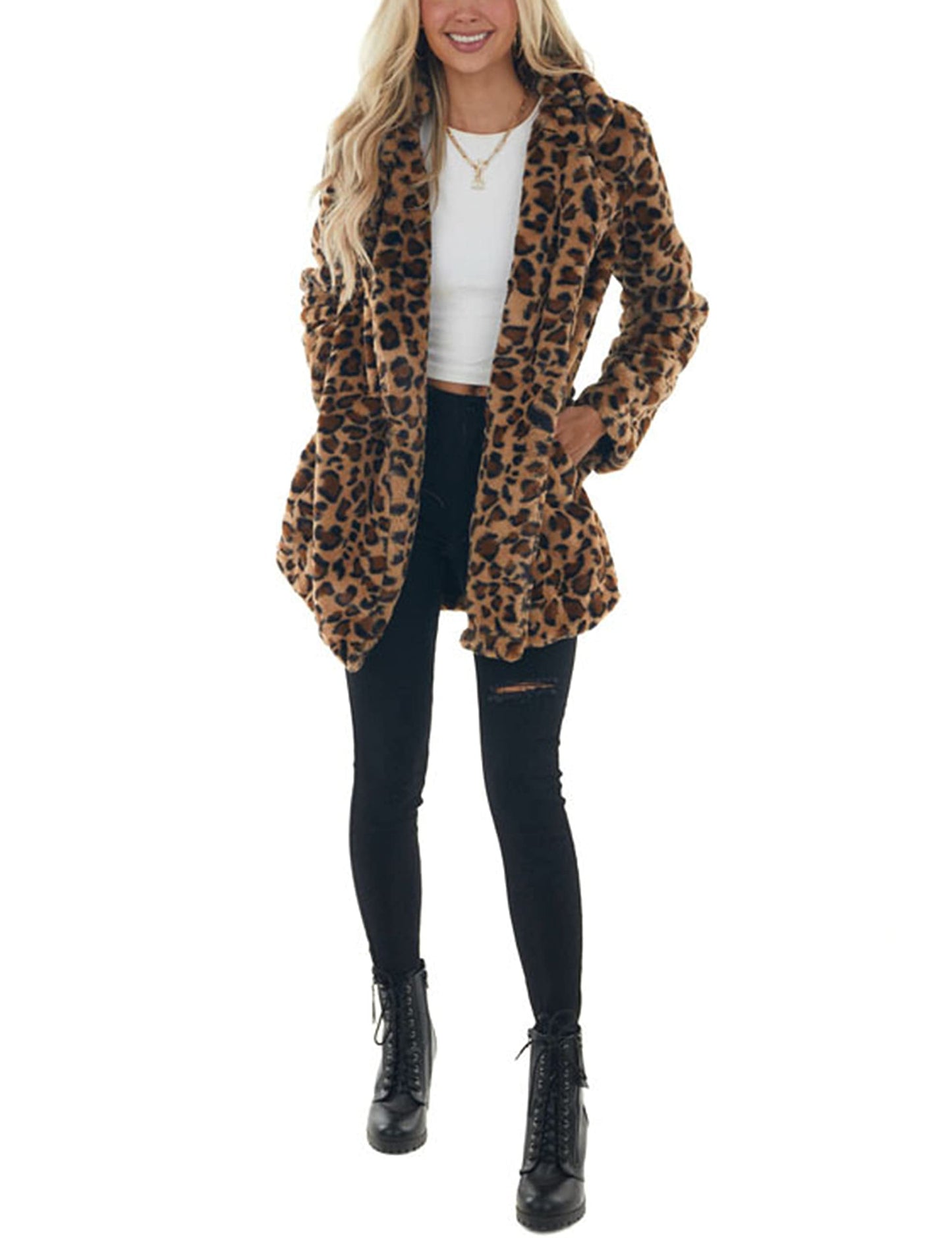 Omoone Leopard Pattern Faux Fur Teddy Coat