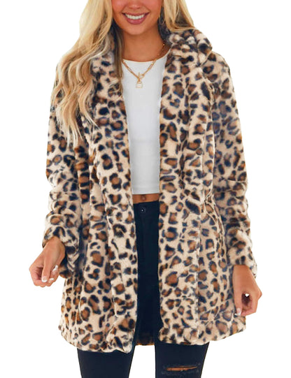 Omoone Leopard Pattern Faux Fur Teddy Coat