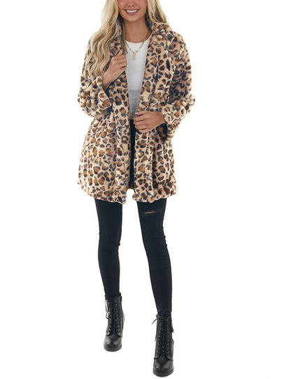 Omoone Leopard Pattern Faux Fur Teddy Coat