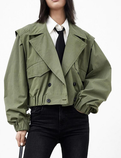 Omoone Ladies Trench Jacket Cropped Top Notch Collar