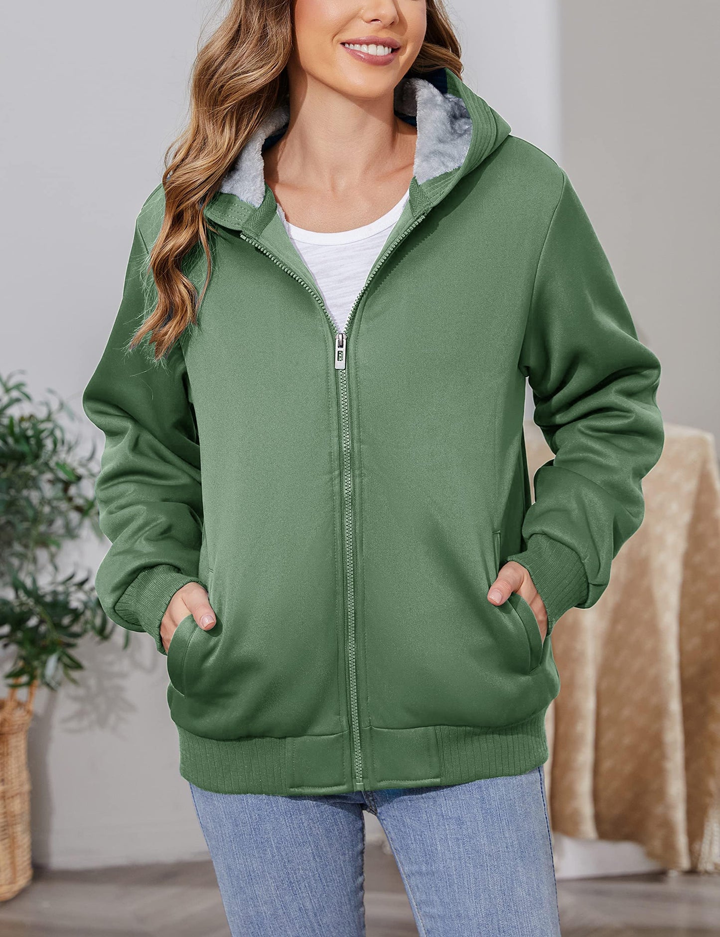 Qibabu Womens Flecce Lining Zip Up Hoodie