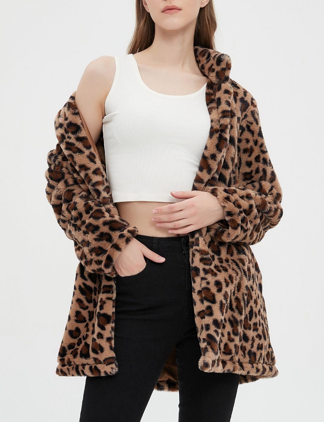 Wequle Leopard Pattern Faux Fur Coat